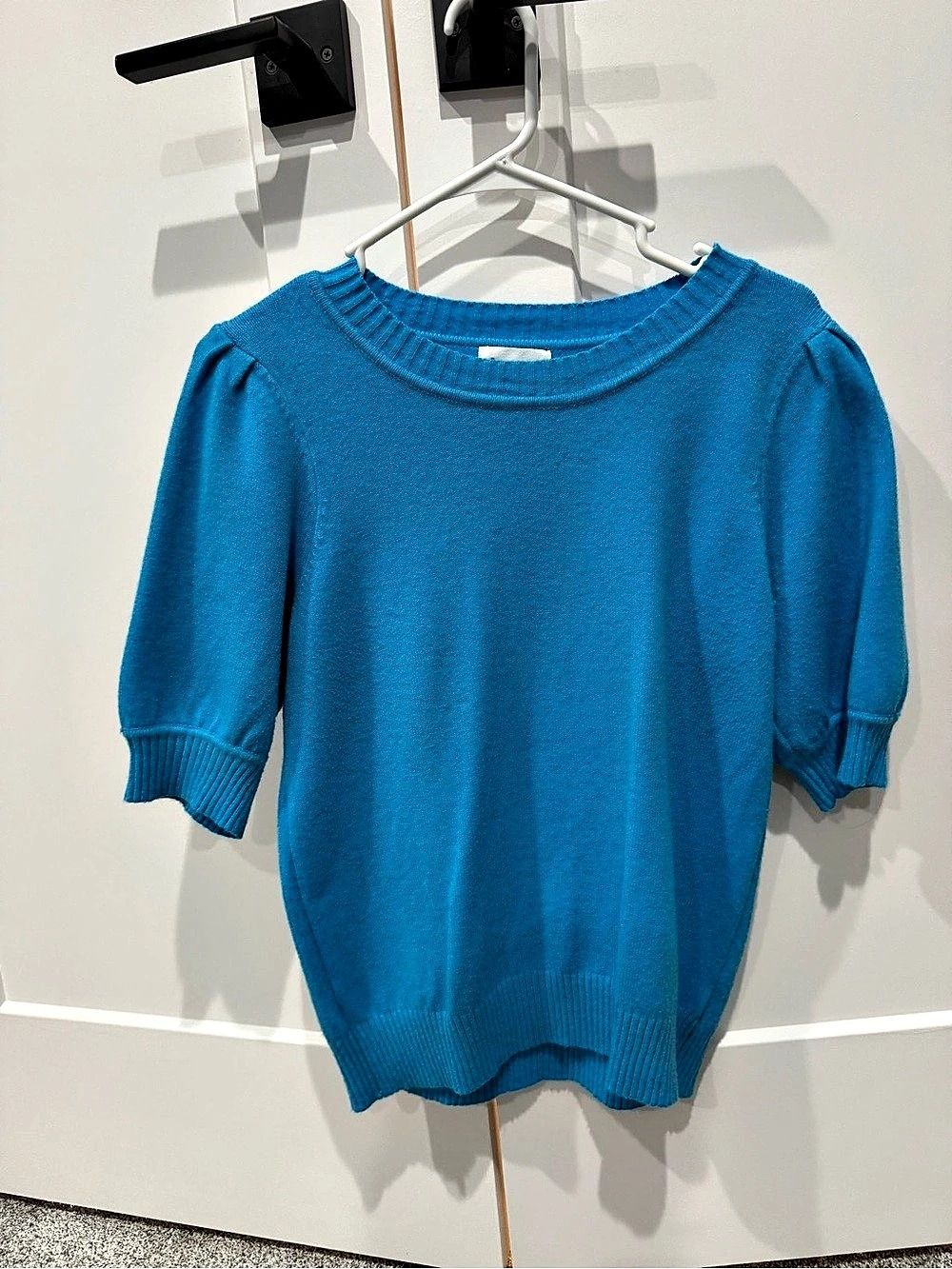 &Merci Blue Knit Crew Neck Sweater puff sleeves medium